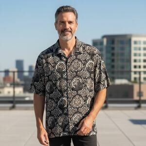 Caribbean Joe Men’s Black + Brown Tribal Print Short Sleeve Button Shirt Size XL